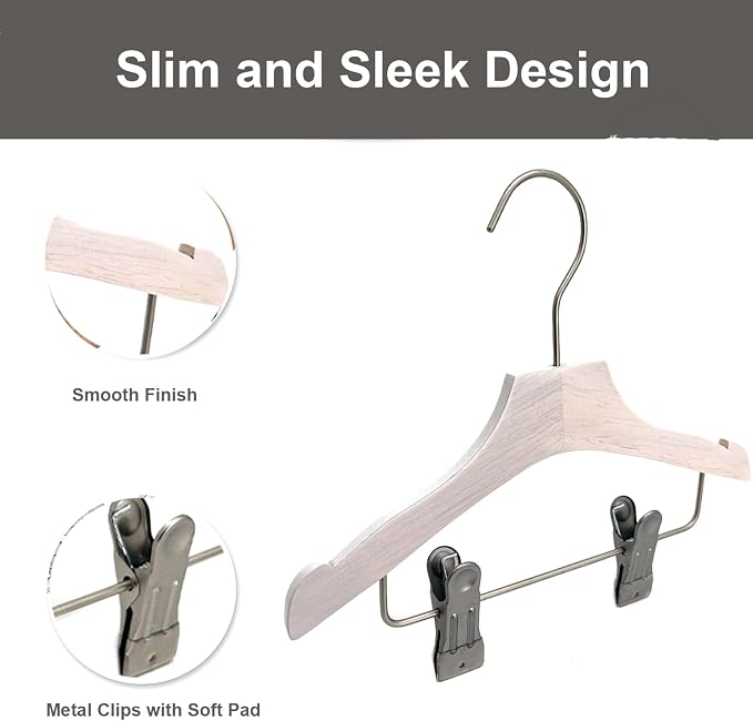 White 9.8" Ultra-Thin Wooden Children Closet Clothes Clips Hangers 12PCS Wood Baby Kids Coat Hangers for Infant Toddler Newborn Jumpsuit Pants Skirts Jeans Space Saving Heavy Duty Durable - Image 4