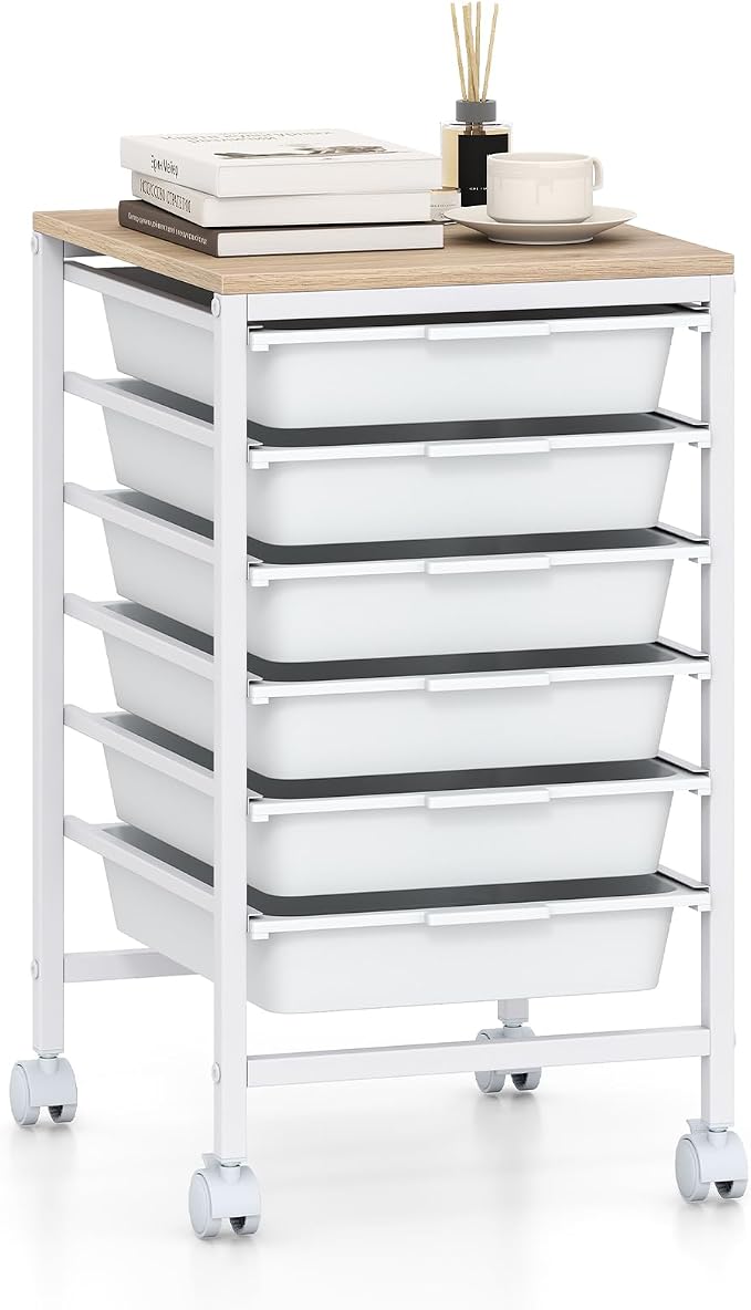 Rolling Storage Cart with 6 Drawers, Plastic Craft Organizer on Wheels with Wooden Top, Mobile Art Supply Utility Cart for Classroom, Home, Office by SILKYDRY