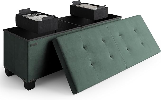 Storage Ottoman Bench with Bins, 43-in Storage Bench for Bedroom End of Bed, Folding Foot Rest Ottoman for Living Room Max 660lbs, Velvet Ottomans, Green by STORAGEBUD