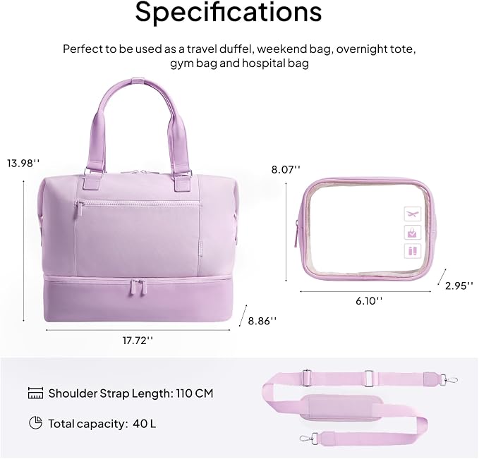Travel Duffle Bag for Women, 40L Weekender Bags Airline Approved Carry On with Shoe Compartment & Waterproof Wet Pocket, Durable Nylon Weekender Overnight Bag for Travel, Gym, Business Trip, Purple - Image 3