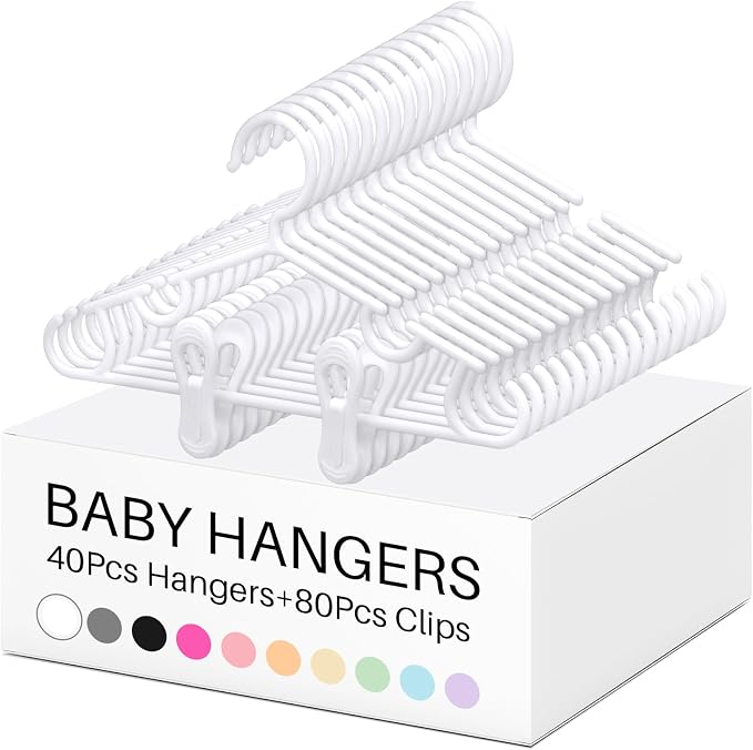 Hsei Baby Hanger with Clip for Pant,120 Packs Total,White,10.6 Inch | 40 Kids Plastic Hanger with 80 Clips for Newborn, Nursery, Daycare, Preschool, Closet, Wardrobe Organizer for Baby Shower by Hsei
