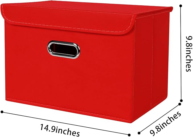 Linen Fabric Foldable Collapsible Storage Cube Bin Organizer Basket Fabric Storage Bins with Lid, Leather Handles, Removable Divider for Home, Closet, Red 3Pcs - Image 2