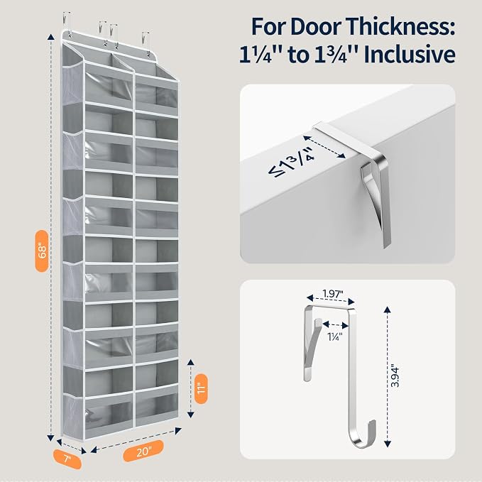 Yecaye 6-Tier Over The Door Organizer Dual-Column of 12 Compartments, College Dorm Essentials with Clear PVC Windows, Heavy Duty Door Organizer Hanging for Bedroom Bathroom Pantry Nursery, Grey 1 Pack - Image 6
