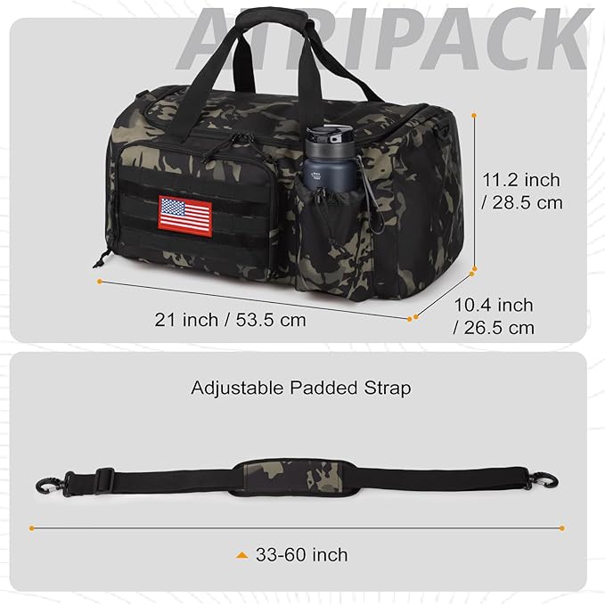 Tactical Gym Bag for Men, 40L Duffle Bag with Shoes Compartment for Travel | Water-Resistant Sports Weekender Bag with Adjustable Shoulder Strap Wet Pocket for Gym,Travel,Hiking,Camping Overnight Trips - Image 4