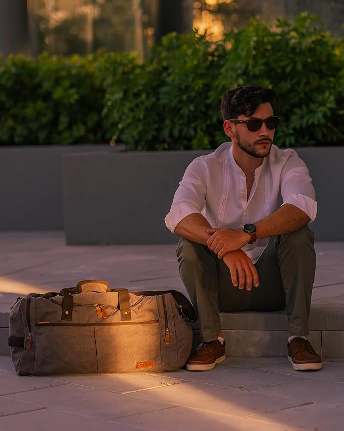 S-ZONE 65L Expandable Canvas Duffle Bag Travel Overnight Holdall Weekend Bag with Shoes Compartment Large Carry On Bag Tote Gym Bag for Men Women, Grey, L | Cotton Canvas, 45L Large Size, Shoes Compartment,Multi-Pocket, Removable Shoulder strap for Gym... - Image 2