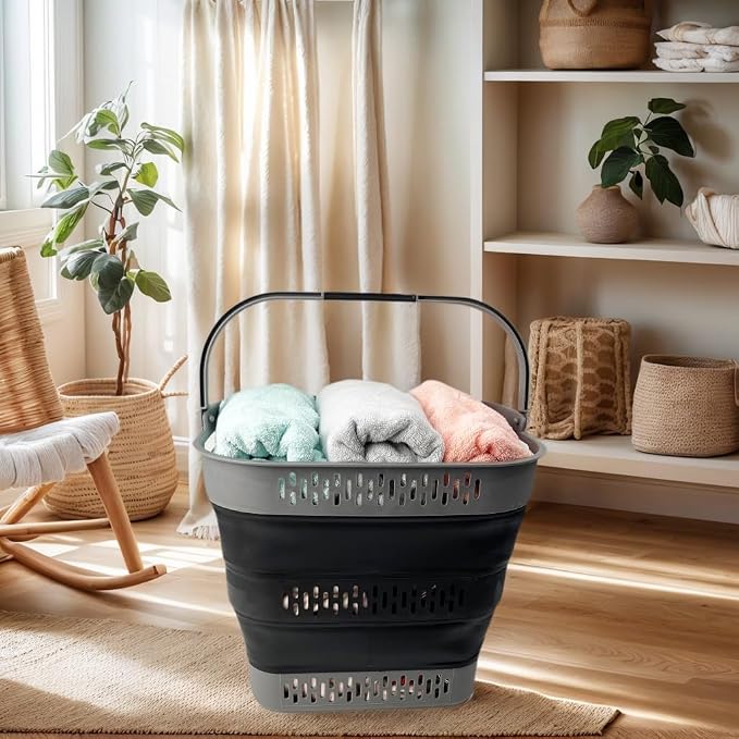 SAMMART 38L (10 Gallon) Collapsible Plastic Laundry Basket - Portable Pop-Up Storage Container/Organizer – Foldable Space Saving Laundry Hamper (2, Grey/Black) - Image 3