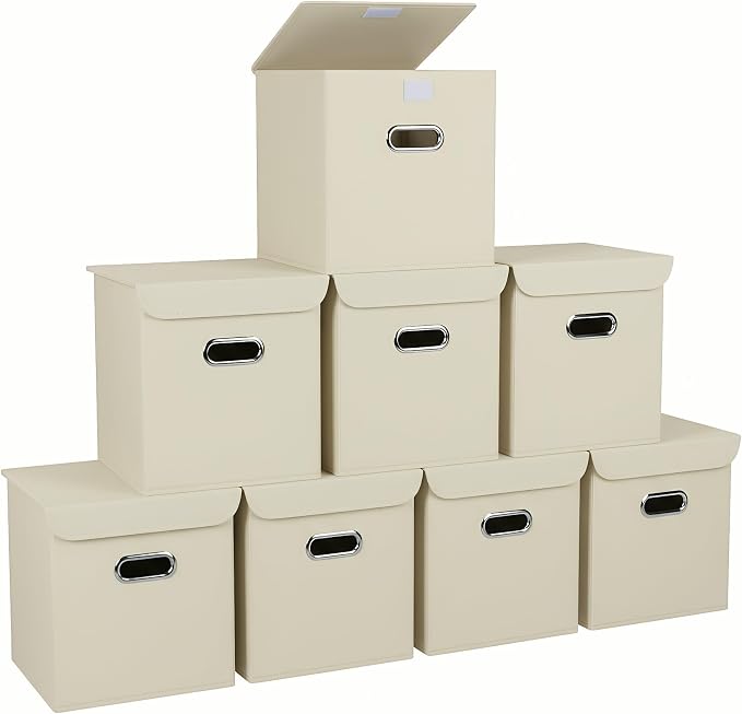 Closet Organizers Fabric Storage Bins With Lids Collapsible Cube Storage Organizer Basket With Handles,Storage Boxes for Clothes Storage,Office,Laundry,Shelves,8 Pack,（Creamy-White） by SEVENDOME