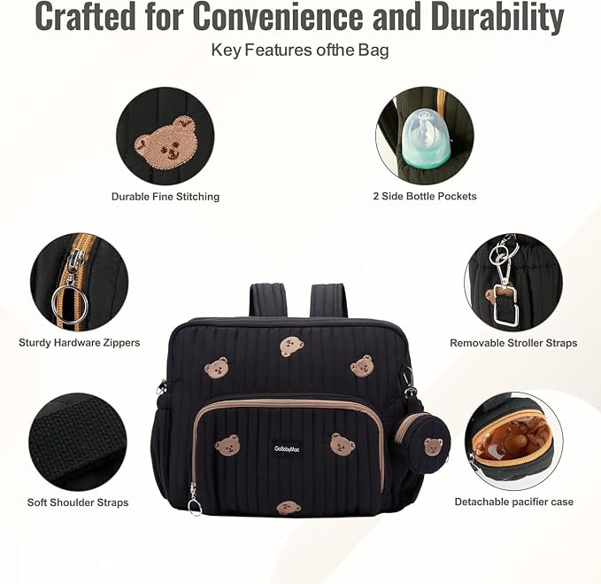 Diaper Bag Backpack with Changing Pad - Travel Baby Bag, Insulated Bottle Pockets, Stroller Straps (Medium - Black Bears) - Image 3