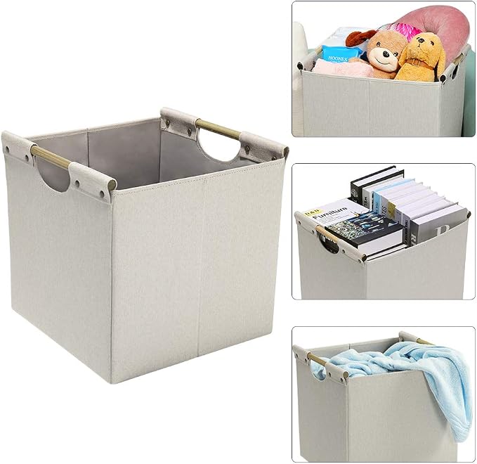 HOONEX Collapsible Storage Bins, 13x13x13in Storage Cubes Linen Fabric, 3 Pack, Storage Baskets with Wooden Carry Handles and Sturdy Heavy Cardboard, for Home, Office, Car, Nursery, Beige - Image 2
