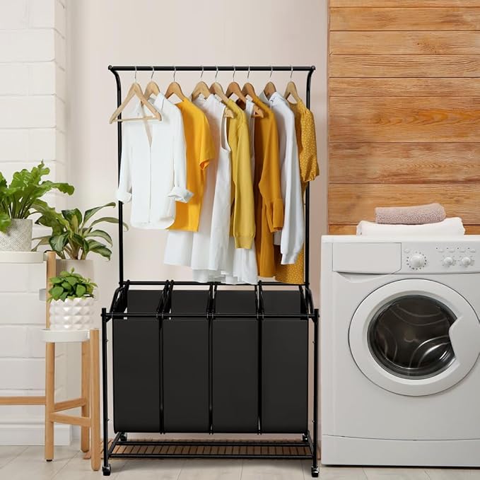 LUCKUP Laundry Sorter 4 Sections with Hanging Bar, 4 Bags Laundry Hamper Rolling Laundry Basket Cart with Lockable Wheels for Laundry Room Bathroom Bedroom, Black - Image 7