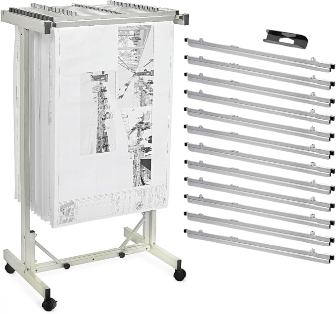 Adir Blueprint Rack and Clamps - 12 Pack of 30 Inch Blueprint Clamps and Mobile Blueprint Rack - Heavy-Duty Large Document Storage Solution for Blueprints, Posters, Maps, & Construction Plans by Adir+Corp.