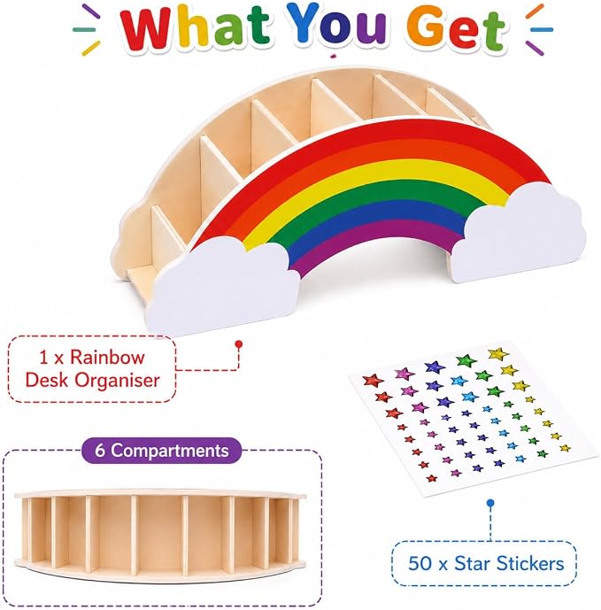 Exerz Rainbow Pencil Holder Desk Organizer with 50 Star Stickers for Kids | Pressed Wood 6 Compartments No Assembly for Pens Markers Brushes Rulers Study Craft Ideal for - Image 3