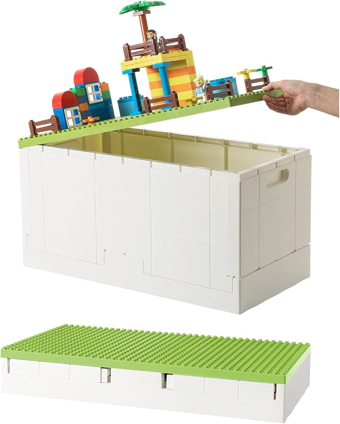 53 Qt. Folding Storage Box with Large Building Lid for Lego Duplo Blocks, 13 Gallon Collapsible Organizer for Lego Bricks (Green) by SHIMOYAMA