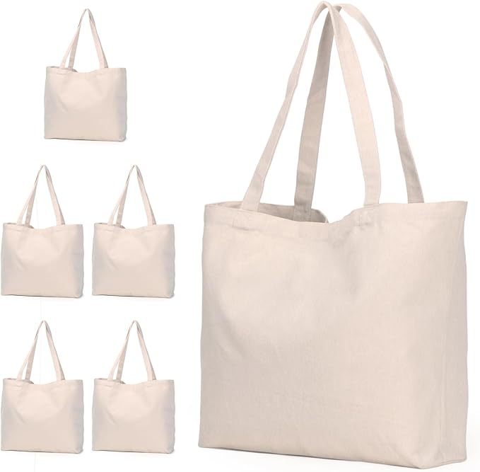 Koolmox Canvas Tote Bags, 6PCS 17x14x3.9'' Heavy Duty Canvas Bags with Reforce Handles and Widened Bottom, Reusable Washable Tote Bag Bulk Blank to DIY Art Crafts Print Women Grocery Teacher by Koolmox