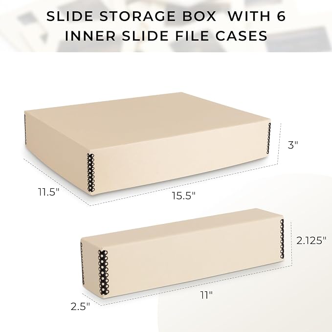 Golden State Art, Archival Slide Storage Box, Tan, 15.5"x11.5"x3" | Acid-Free Metal Edge Organizer With 6 Inner File Cases, Holds Up to 840 Films, For Storing Photos and Negatives - Image 2