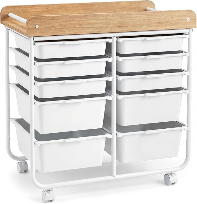 Rolling Storage Cart with 10 Drawers, Plastic Large Capacity Craft Organizer on Wheels with Wooden Top, Mobile Art Supply Utility Cart for Classroom, Home, Office by SILKYDRY
