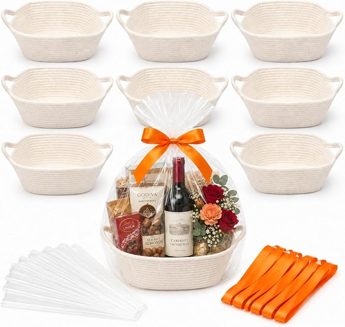 9Pcs Baskets for Gifts Empty with Gift Bags and Ribbons, Small Cute Woven Cotton Rope Basket, for Easter Mother's Day, Baby Nursery Room Shelf Storage Toy Pet Organizer to Fill, White, 12 x 8 x 5 inch by Unknown