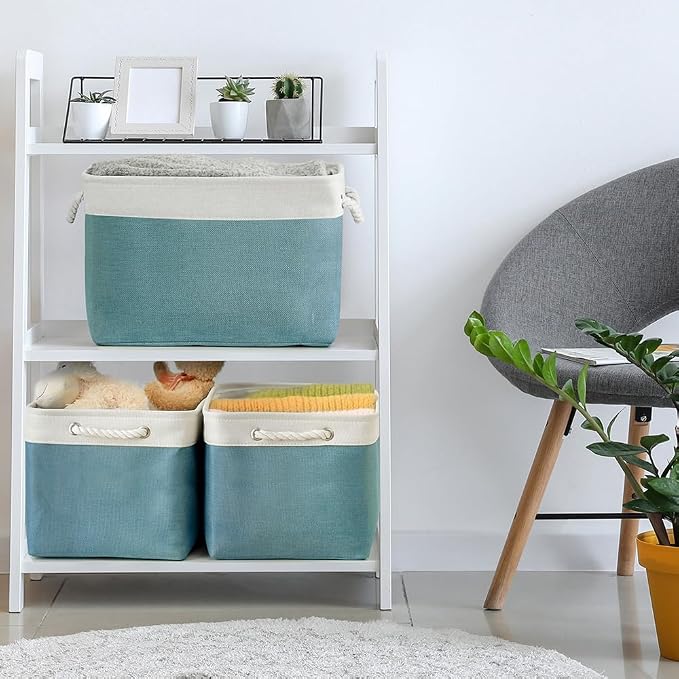 Organization and Storage basket for Organizing - 3 Pack 16x12x12 inch Cube Storage Bin for Shelves, Fabric Storage Cubes for Organizer Cloth Closet Toy Box (White & Green) - Image 4