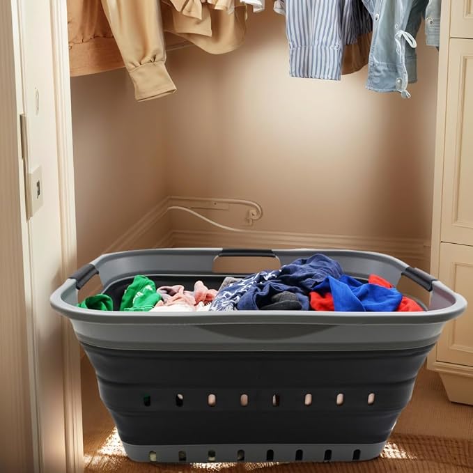 SAMMART 42L (11 gallon) Collapsible Plastic Laundry Basket - Foldable Pop Up Storage Container/Organizer - Portable Basket - Space Saving Hamper/Basket (2, Grey/Black) - Image 4