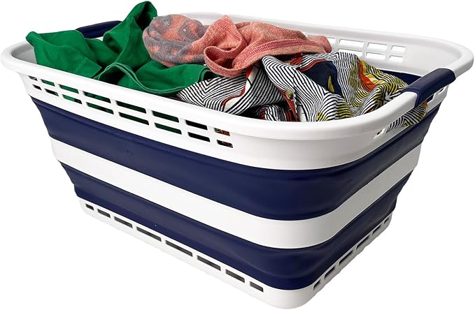SAMMART 42L (11 Gallons) Collapsible Plastic Laundry Basket - Foldable Pop Up Storage Container/Organizer - Portable Washing Tub - Space Saving Hamper/Basket [BPA Free] (White/Starry Blue) by SAMMART