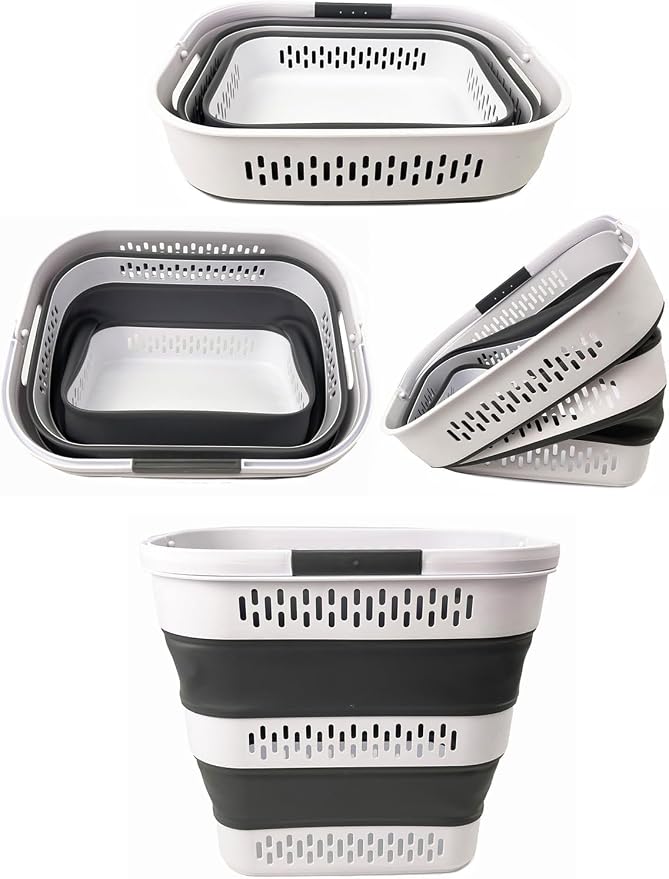 SAMMART 40L (10.5 Gallon) Collapsible Plastic Laundry Basket with Handles - Foldable Pop Up Storage Container/Organizer - Portable Laundry Hamper - Space Saving (2, White/Steel Grey) - Image 7