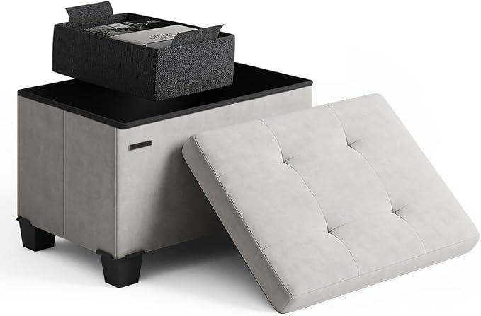 Storage Ottoman Cube with Small Bin, 16-in Square Ottoman with Storage for Living Room and Bedroom, Small Ottomans Foot Rest, Velvet Foot Stools Ottomans Max 330lbs, Light Grey by STORAGEBUD