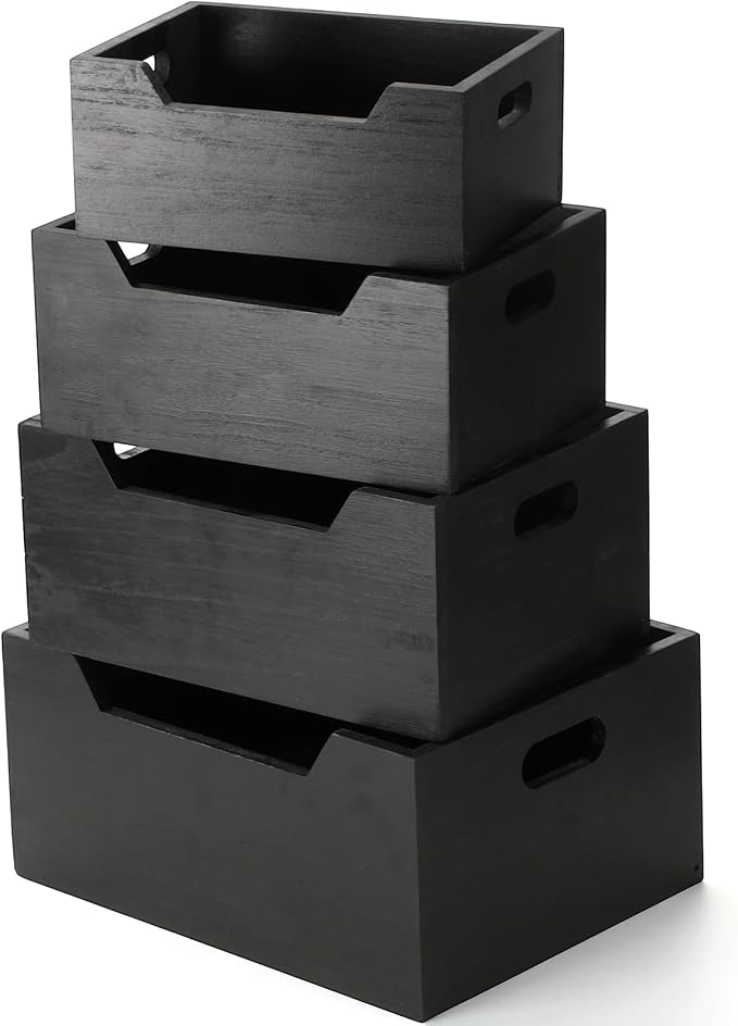 4 Pack Wood Crates Nesting Storage Baskets Decorative Farmhouse Wooden Organizer Crates Boxes with Open Front and Handle Rustic Nesting Baskets for Fruit Vegetable Kitchen Bathroom (Black) - Image 7