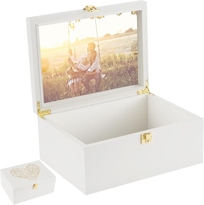 Larger Wooden Memory Keepsake Boxes With Hinged Lids and a photo frame inside the lid - Decorative Storage Box With a Hinge Lids For Picture Letter Time Capsule - 5.3“*8.6”*11.7“ off-white by EVA+murmure