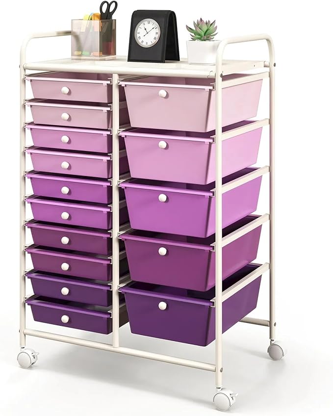 DREAMADE Rolling Cart with 15 Drawers, Rolling Drawer Organizer Cart w/Lockable Wheels, Removable & 2-Sized Storage Drawers, Art Cart for School Home Art Supplies Crafts File Scrapbook by DREAMADE