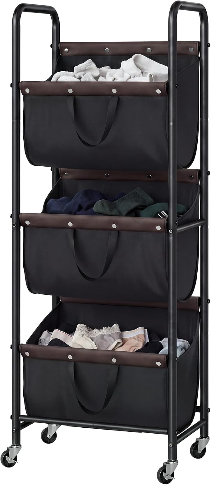 GRANNY SAYS 3 Tiered Laundry Sorter, Narrow Hamper Cart with Wheels | Sturdy 3 Section Laundry Basket with Wheels, Vertical Black Hamper Cart for Bedroom, Bathroom, Apartment by GRANNYSAYS