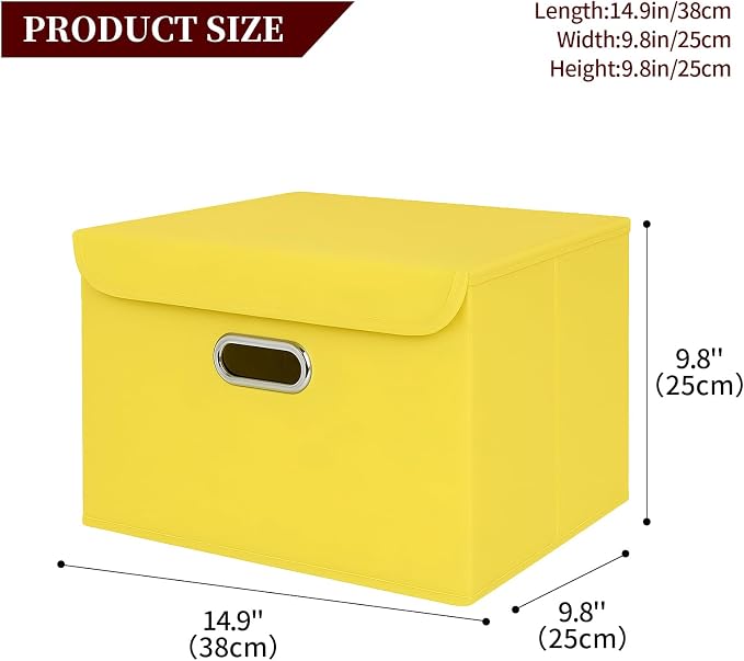 STOREONE Fabric Storage Cube Bins Foldable Organizer Container Collapsible Basket with Lids and Metal Handles, for Home, Bedroom, Closet 3 Pcs (multicolour-yellow) - Image 2