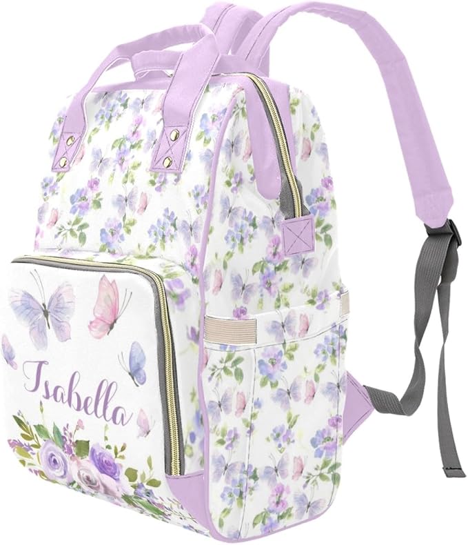 Personalized Diaper Bag Customized Floral Purple Butterfly Waterproof Nursing Bags Custom Mommy Daypack with Name for Travel Outside Daily Use - Image 2