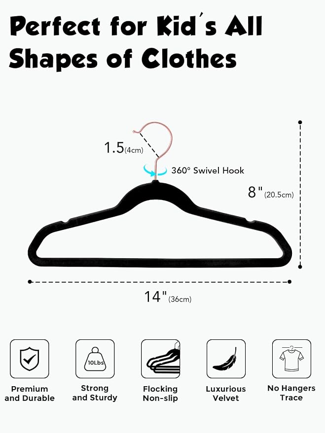 Kids Velvet Hangers 50 Pack, 14 Inch Premium Non Slip Kids Felt Hangers for Closet, Space Saving Toddler Clothes Hanger for Youth's Childrens' Clothes (Rose Gold Hook)- Black | Premium Kids Hangers for Closet Storage, Space Saving Toddler Clothes Hange... - Image 4