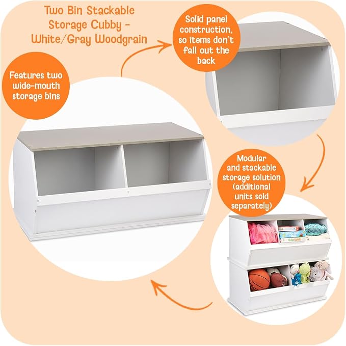 Badger Basket Two Bin Stackable Toy Storage Cubby Organizer – Modular Storage for Toys, Books, and Crafts – Solid Wood Panel – White/Light Gray - Image 2
