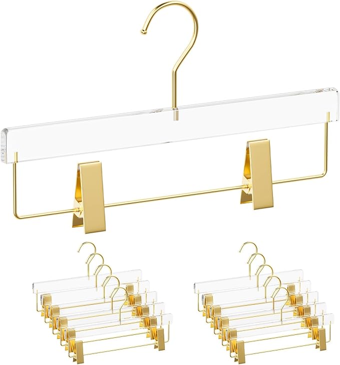 10 Pack Clear Gold Acrylic Pants Hangers with Adjustable Clips | Non-Slip & Heavy Duty Hangers for Pants, Skirts, Jeans, Trousers, Scarves, Adults & Kids, Clothing Closet Storage Organizer by GLOSHOOTING