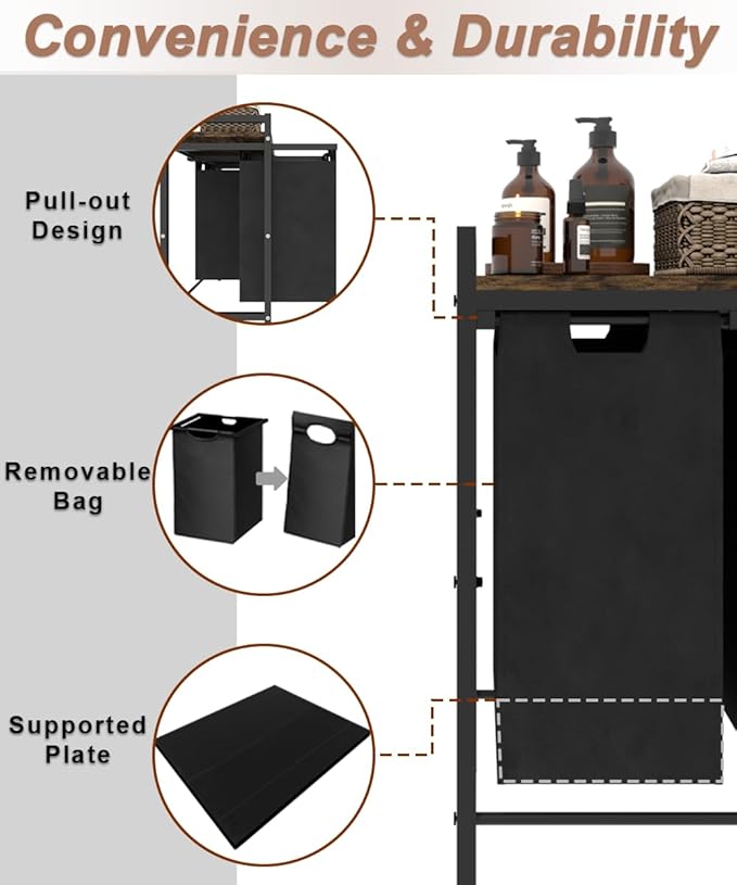 12 x 2 Gal Large Laundry Hamper with Wheels, 2 Pull-Out & Removable Sorter Bags, Freestanding Clothes Basket Organizer for Clothing or Toys in Bathroom and Living Room, Rustic Brown and Black - Image 5