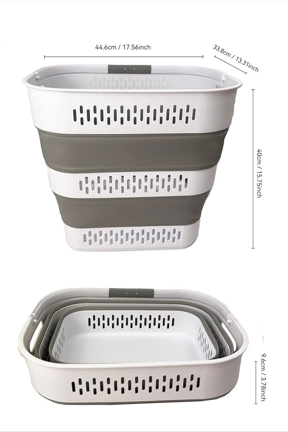 SAMMART 38L(10 Gal) Collapsible Laundry Basket - Foldable Pop-Up Storage Container/Organizer-Portable Space Saving Hamper, Measure 17.5x13.3x15.7"/3.8" Expanded/Collapsed (2, White/Grey) - Image 7