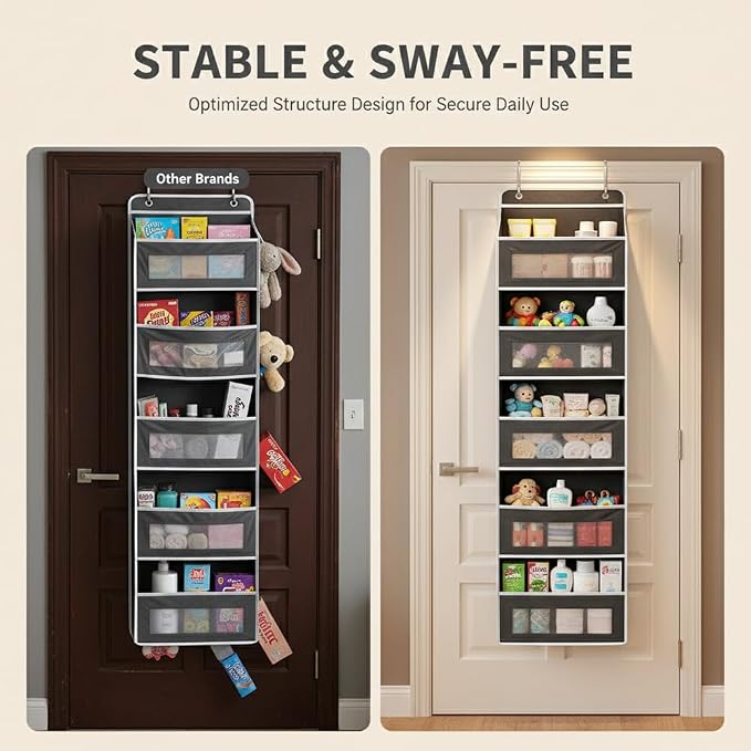 SakerPlus Five Tier Over The Door Organizer, Hanging Door Storage Organizer with Clear Windows and Side Pockets, Behind Door Storage for Bedroom Bathroom Pantry Nursery Closet (Grey) - Image 3