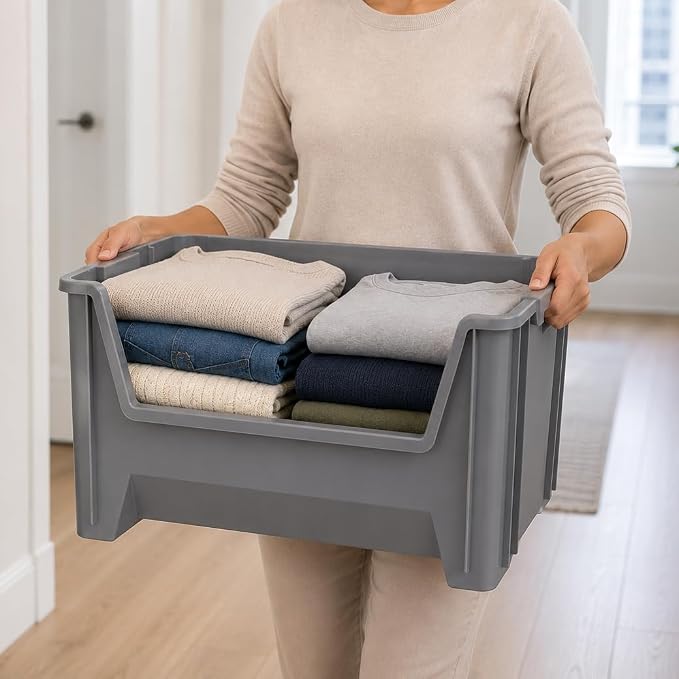 Akro-Mils 13017 Stak-N-Store Stackable Storage Bins, Heavy Duty Garage Storage Containers, Open Front Plastic Organizer for Tools, Shelves, Closet Organizer, 15" x 20" x 12-1/2", Grey, 3-Pack - Image 8