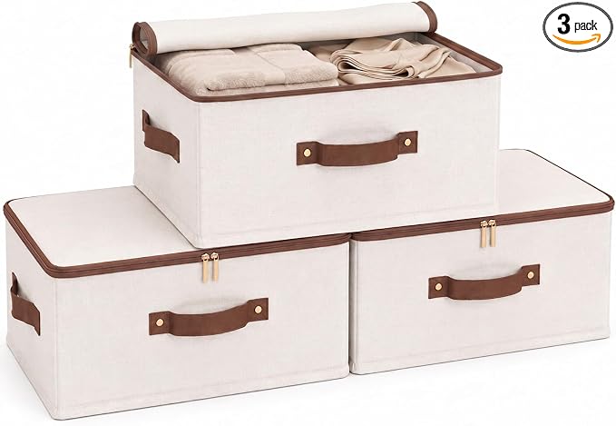 Tuza 3 Pcs Rigid Storage Bins with Zipper Lid, Cotton Linen Fabric Storage Boxes, Foldable Shelves Clothes Storage Cubes with Handles for Wardrobe, Closet(Beige, 15L) by LOVEWHEREYOULIVE