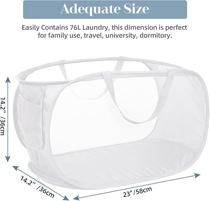 Strong Mesh Pop Up Laundry Basket, Collapsible Laundry Hamper with Side Pocket, Foldable Clothes Hamper with Durable Reinforced Handles for Laundry, Bathroom, Kids Room, Dorm or Travel 2 Pack White - Image 3