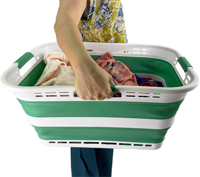SAMMART Set of 2 Collapsible Plastic Storage Basket - Foldable Pop Up Storage Container - Portable Laundry Organizer - Space Saving Hamper (White/Winter Green, 42L (Style A)) - Image 7