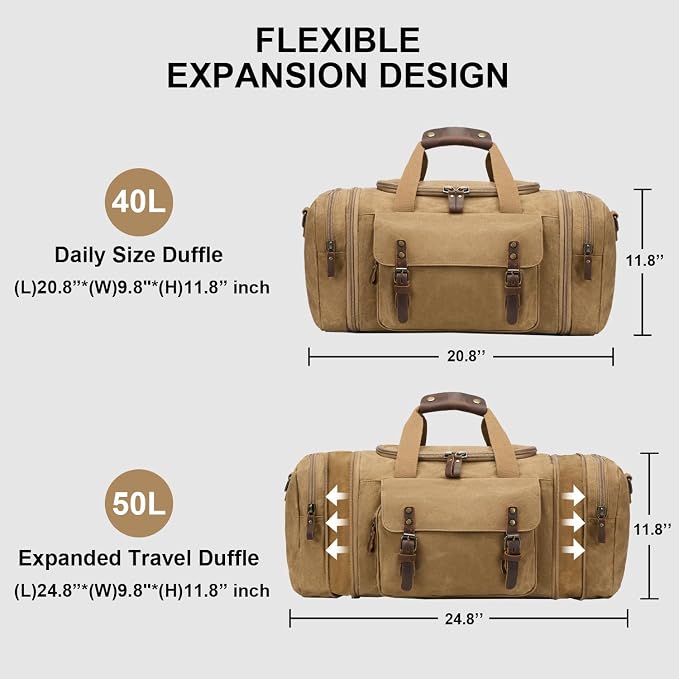 Waxed Canvas Duffel Bag 50L, Khaki | Waterproof, Travel, Overnight, Weekender - Image 3