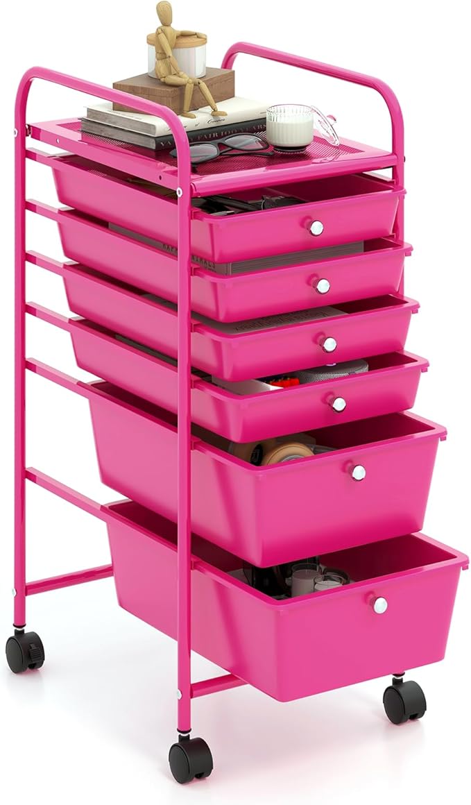 GOFLAME 6-Drawer Rolling Storage Cart, Multifunctional Art Craft Organizer, Mobile Utility Storage with Removable Drawers & Lockable Wheels, Craft Cart for Home Office, Hot Pink by GOFLAME