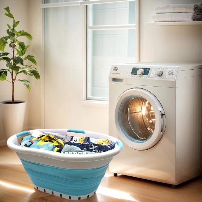 SAMMART 36L Set of 2 Collapsible 3 Handled Plastic Laundry Basket-Foldable Pop Up Storage Container-Portable Washing Tub-Space Saving Basket (2, Grey/Bright Blue) - Image 4