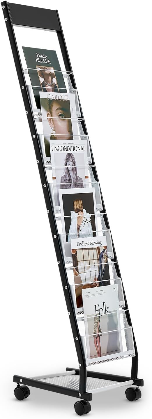 VEVOR Brochure Display Rack, Narrow 6-Tier Magazine Literature Display Stand with Wheels, Metal Floor Standing Magazine Rack, Movable Newspaper Catalog Holders for Shop Exhibitions Office (6 Pockets) by VEVOR