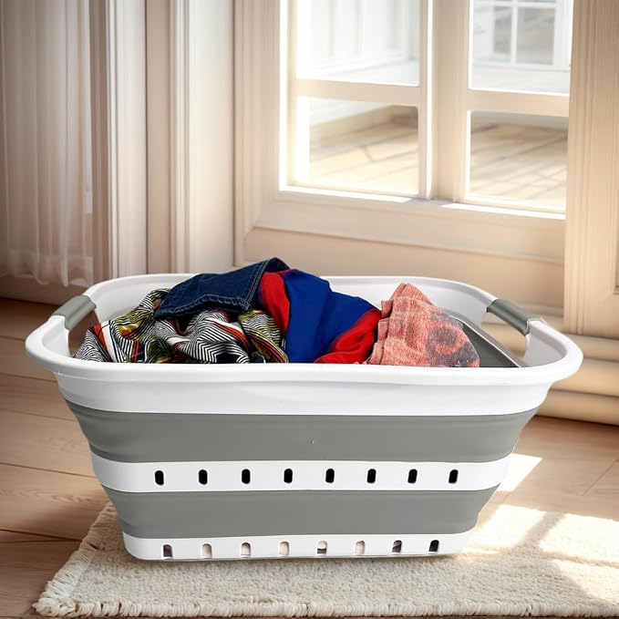 SAMMART 42L (11 gallon) Collapsible Plastic Laundry Basket - Foldable Pop Up Storage Container/Organizer - Space Saving Hamper/Basket (1, Grey/White) - Image 2