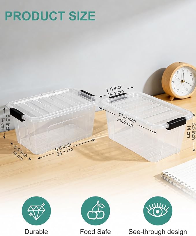 EOENVIVS Plastic Storage Bins with Lids 6 Pack, 7 Quart Storage Containers With Black Buckle Latch, Stackable Storage Organizers for Home Pantry Office Classroom Organization, Clear - Image 2