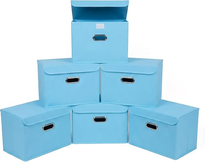 STOREONE Fabric Storage Cube Bins Foldable Organizer Container Collapsible Basket with Lids and Metal Handles, for Home, Bedroom, Closet 6 Pcs (multicolour-blue) by STOREONE