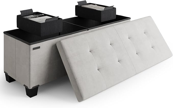 Storage Ottoman Bench with Bins, 43-in Storage Bench for Bedroom End of Bed, Folding Foot Rest Ottoman for Living Room Max 660lbs, Velvet Ottomans, Light Grey by STORAGEBUD